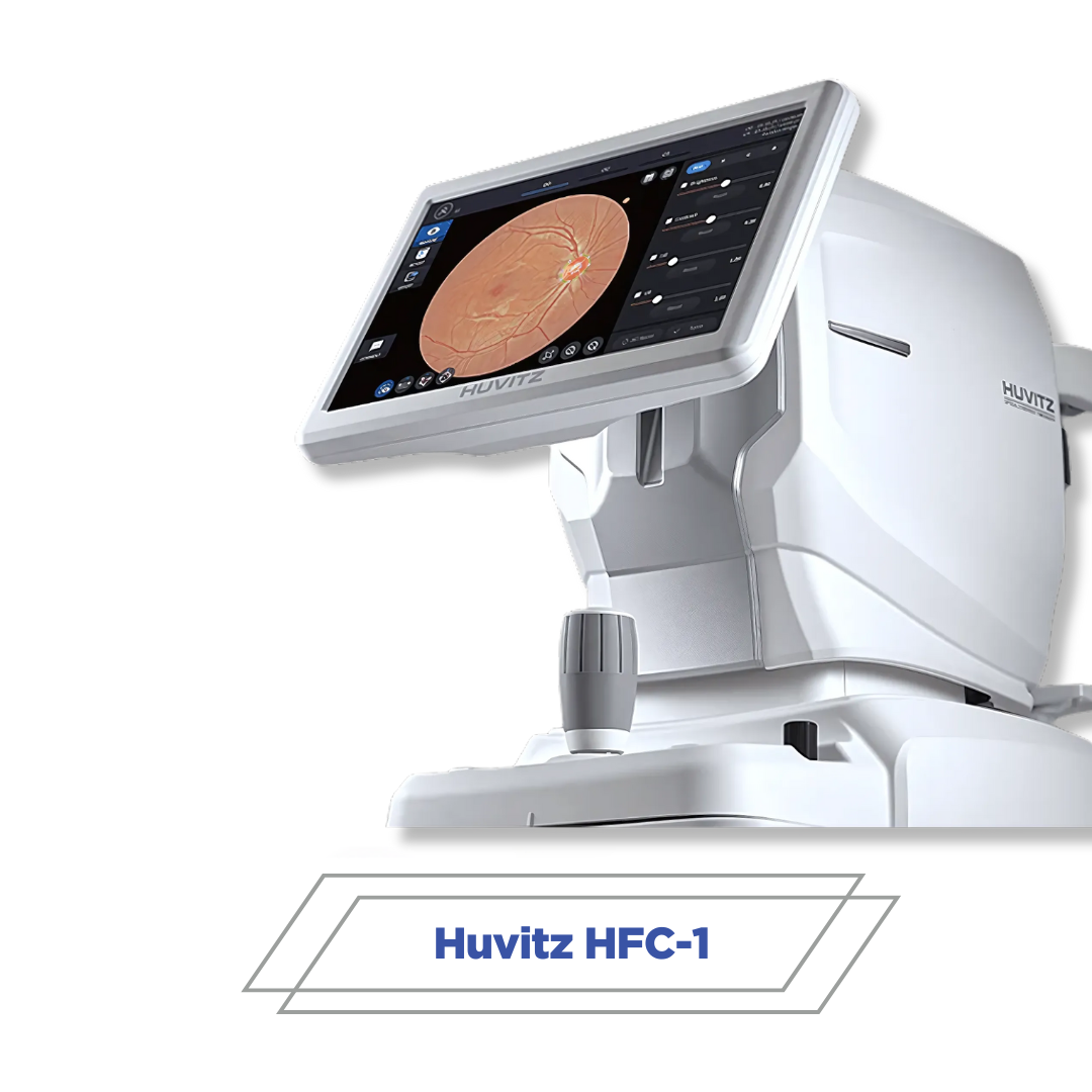Huvitz HFC-1 non-mydriatic fundus camera angled view with retinal image display