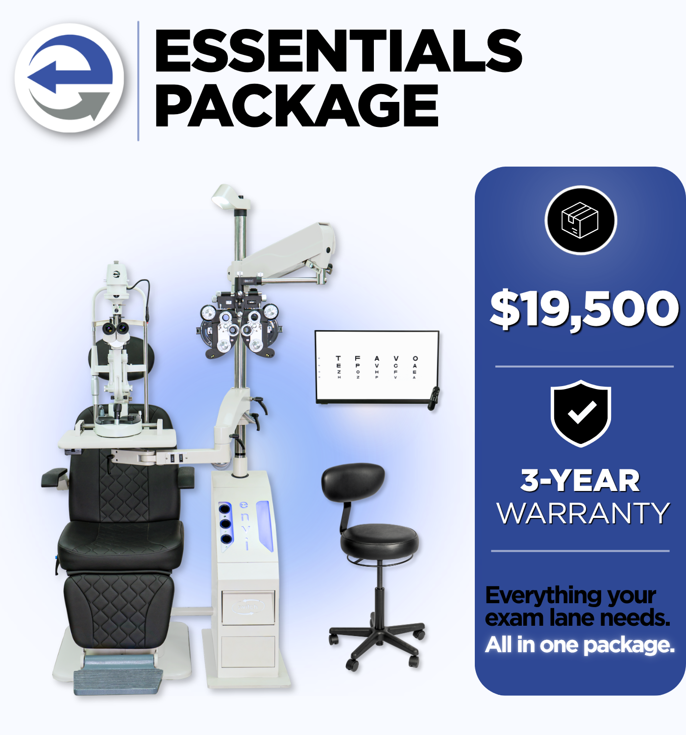 The Essentials Package complete Envi exam lane setup for $19,500 with 3-year warranty