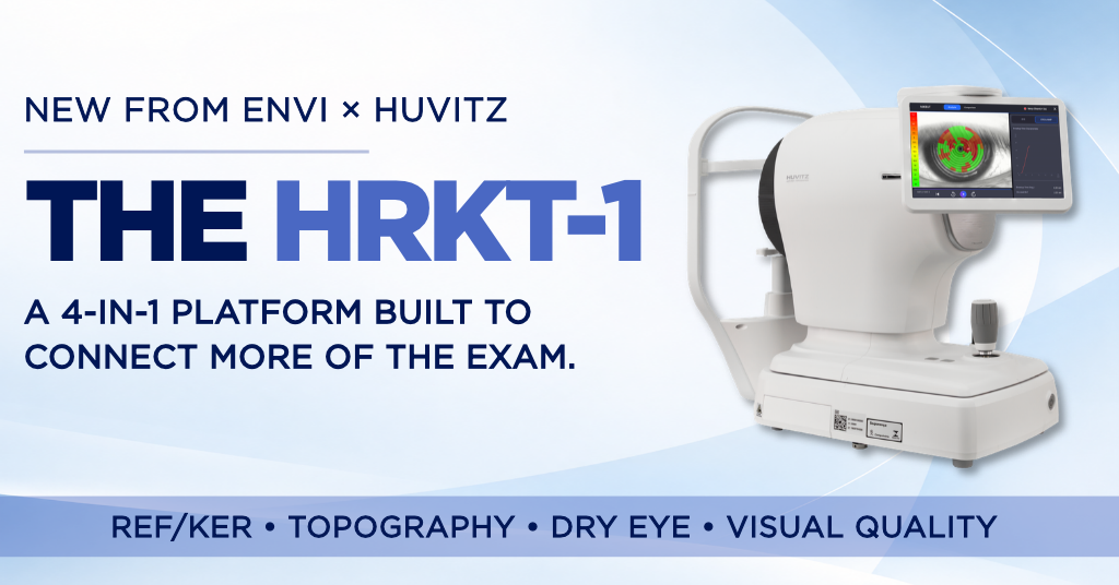 Envi x Huvitz HRKT-1 combining Ref/Ker, corneal topography, dry eye assessment and visual quality analysis in one integrated platform.